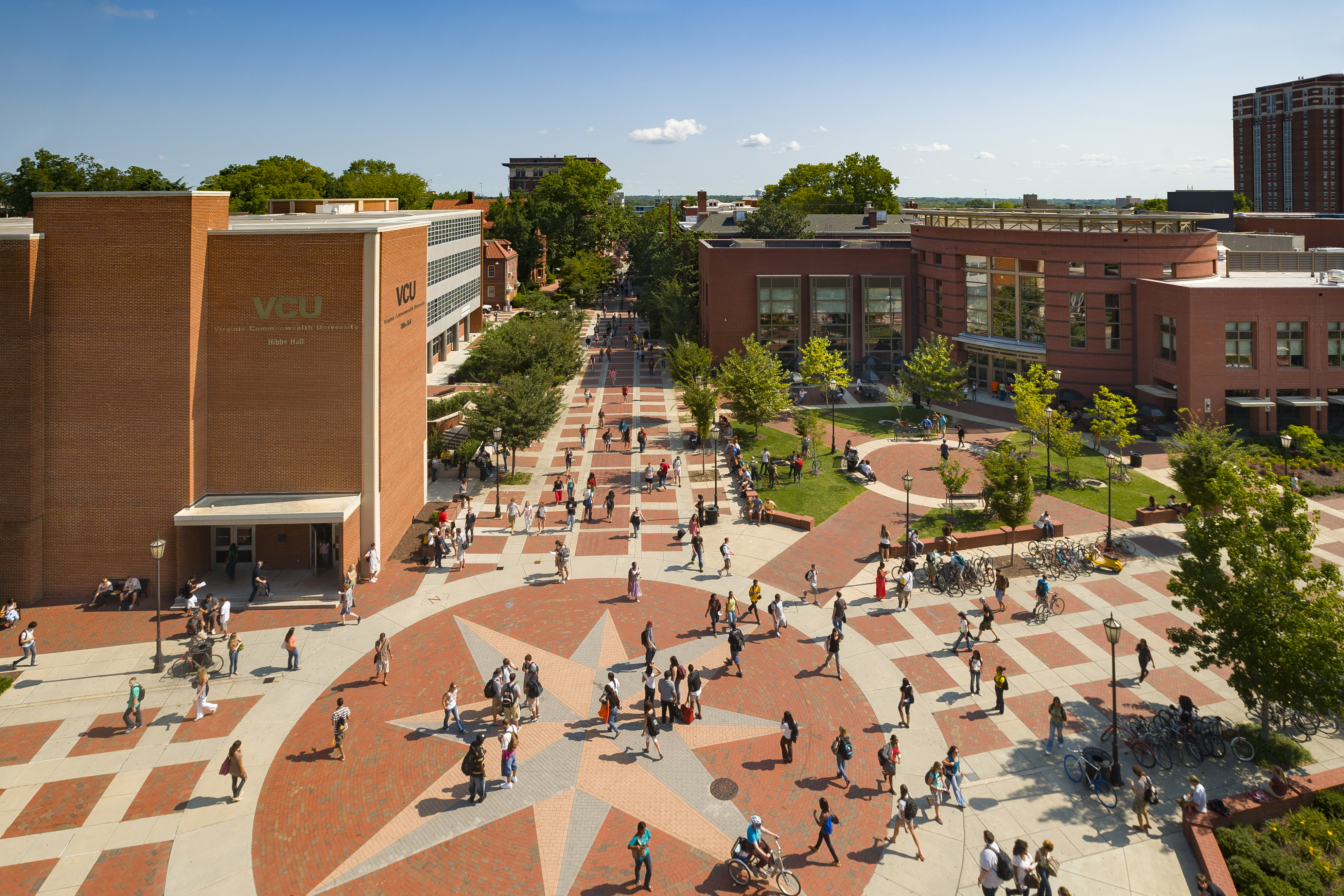 Aerial view of campus with people walking and VCU buildings